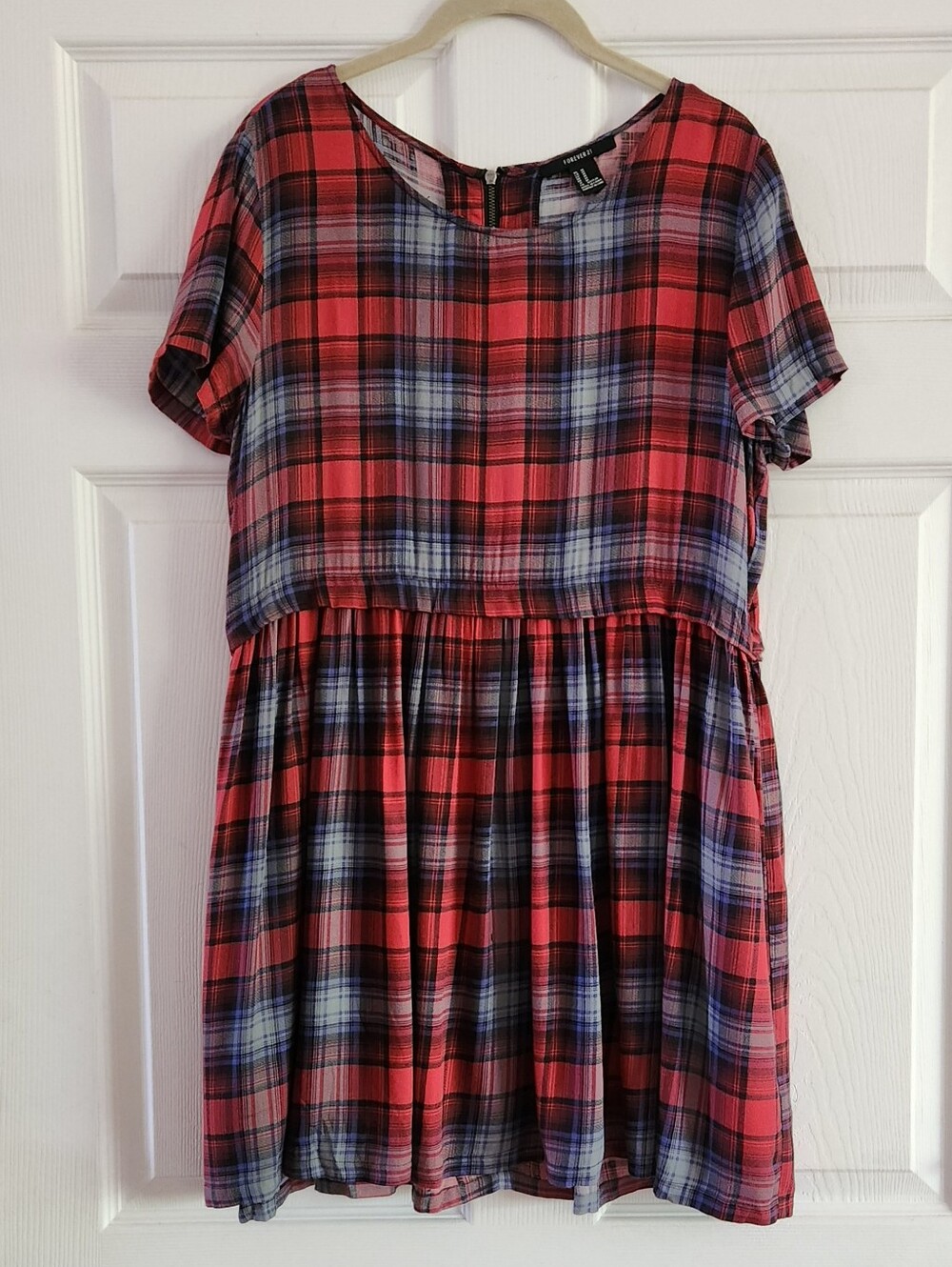 Plaid Short-Sleeve Dress - Red and Blue Plaid